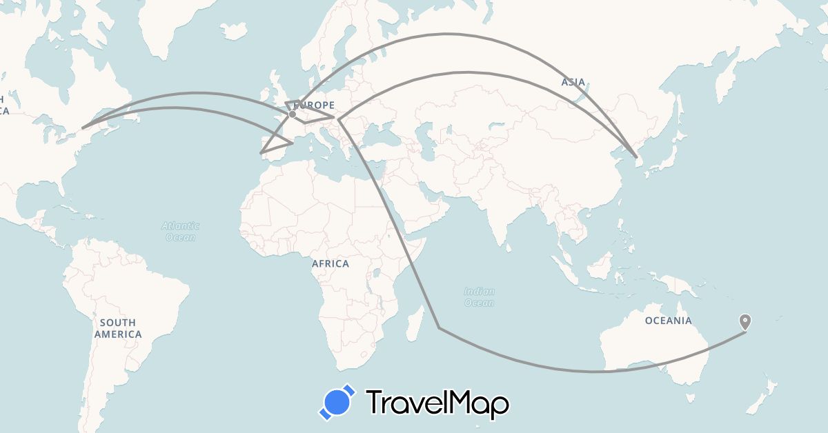 TravelMap itinerary: driving, plane in Switzerland, Germany, Spain, France, Hungary, South Korea, New Caledonia, Netherlands, Portugal, Réunion (Africa, Asia, Europe, Oceania)